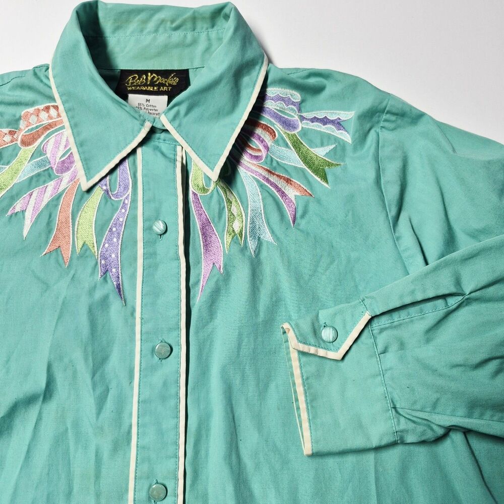 Vtg Bob Mackie Wearable Art Shirt M Teal Embroidered Ribbon Bow Button Up Blouse